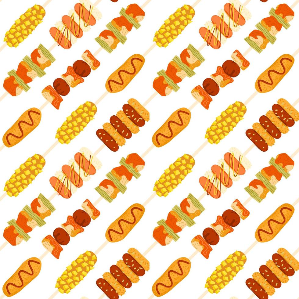 cachorro-quente corndog, espetos de arroz e frango, kebap sem costura padrão. comida de rua coreana fundo bonito doodle. ótimo para papel de embrulho de capa de embalagem festiva. ilustração vetorial. vetor