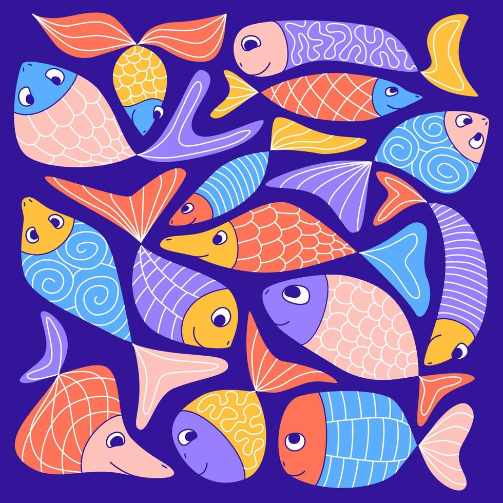 lindo peixe de aquário colorido doodle. crianças engraçadas estilo abstrato ingênuo. sardinhas estampadas, arenques, guppies, peixinhos dourados. composição quadrada. lembranças da vida marinha, impressão, decoração de parede. ilustração vetorial. vetor