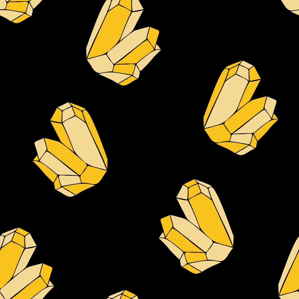 cristais brilhantes amarelos no padrão sem emenda de fundo escuro. cristais de quartzo poligonais padrão abstrato simples. modelo repetível de gemas de cristais de cura mágica. ilustração vetorial. vetor