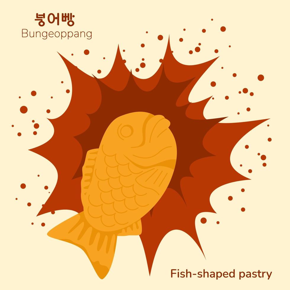 cartaz tradicional de comida de rua em forma de peixe coreano. bungeoppang coreano. tradução da massa coreana em forma de peixe. lanche de comida asiática. ilustração vetorial. vetor