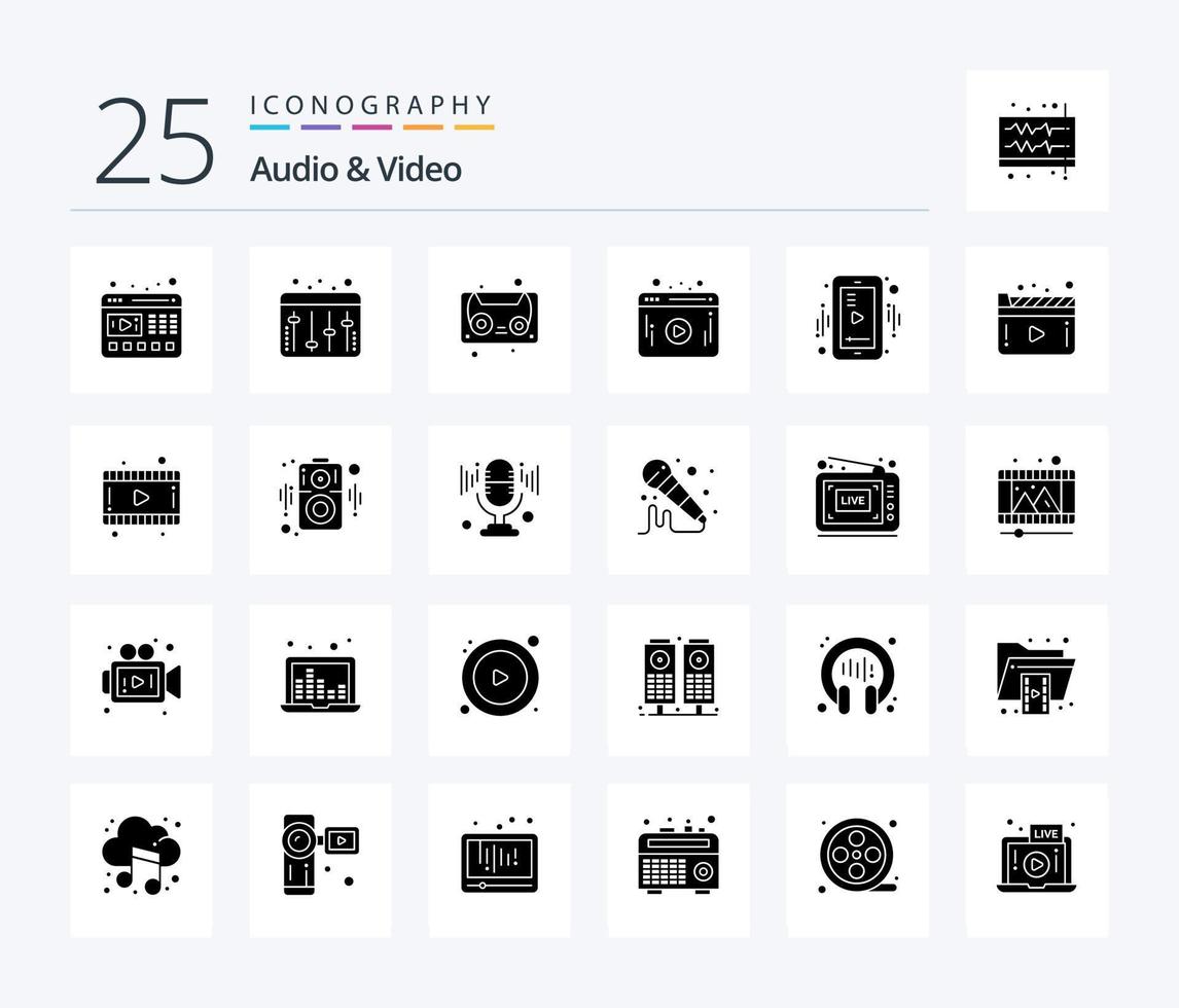 pacote de ícones de glifos sólidos de áudio e vídeo 25, incluindo mídia. jogador. cassete. Móvel. jogador vetor