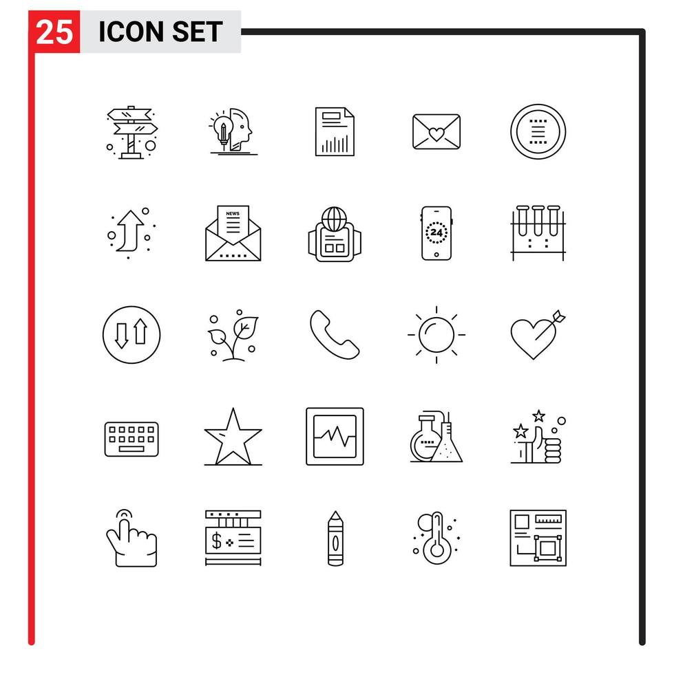 25 ícones criativos, sinais modernos e símbolos do coração, documento, estatísticas, gráfico, elementos de design vetorial editáveis vetor