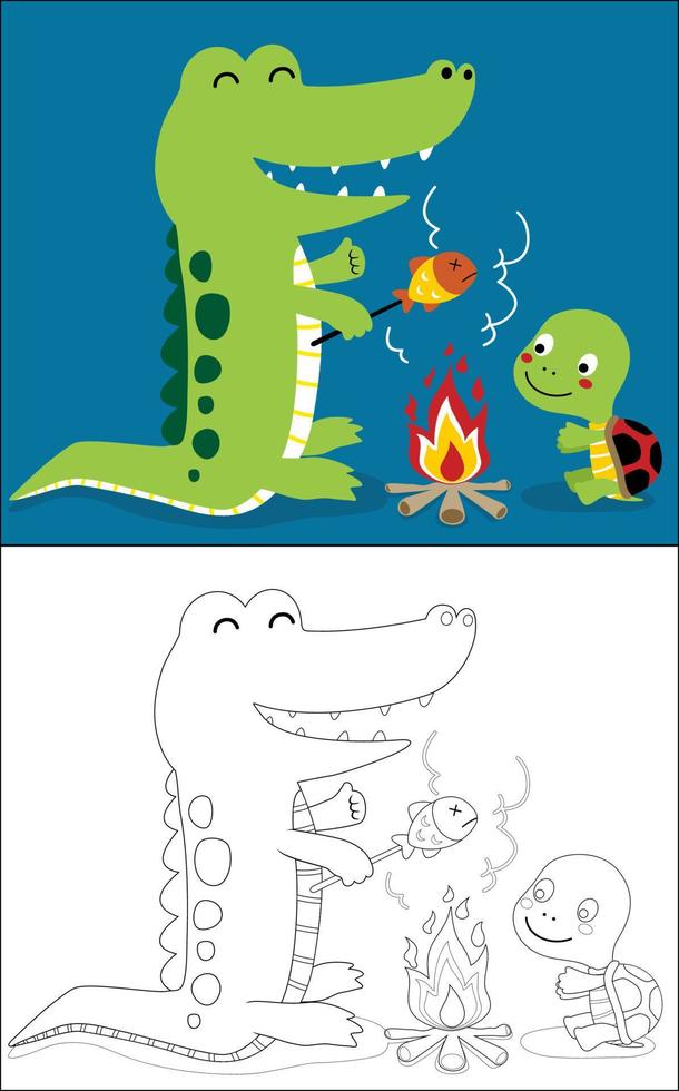 ilustração vetorial de livro para colorir com desenho de crocodilo e pequena tartaruga grelhando peixe na fogueira vetor