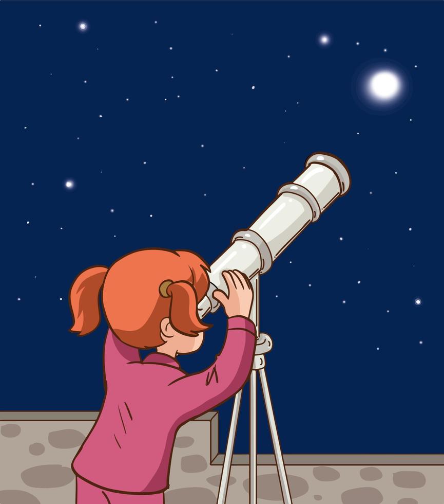 menina bonitinha olhando pelo telescópio à noite ilustração vetorial dos desenhos animados vetor