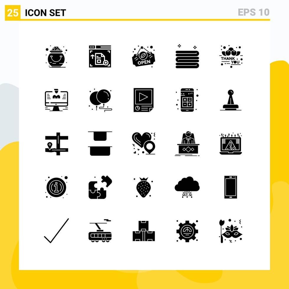 Pacote de glifos sólidos de 25 interfaces de usuário de sinais e símbolos modernos de agradecimento, gratidão, limpeza de cereja aberta, elementos de design de vetores editáveis