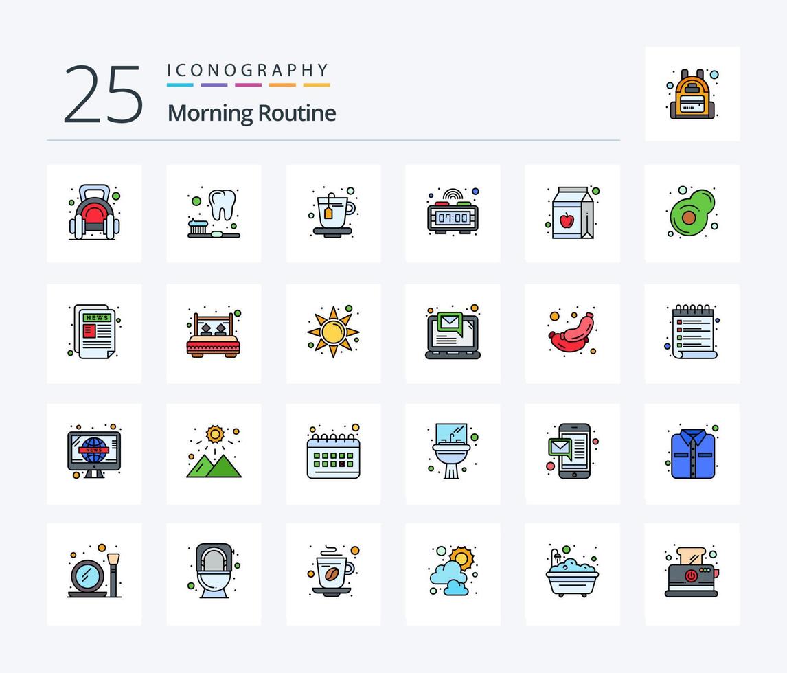 Pacote de ícones cheios de 25 linhas de rotina matinal, incluindo garrafa. sumo. copo. maçã. relógio digital vetor