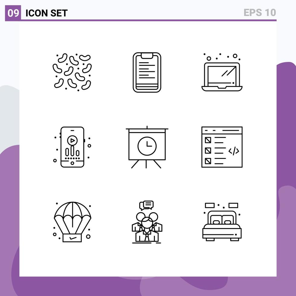 pacote de esboço de 9 símbolos universais de tempo de codificação, apresentação de hardware, passatempo, elementos de design de vetores editáveis