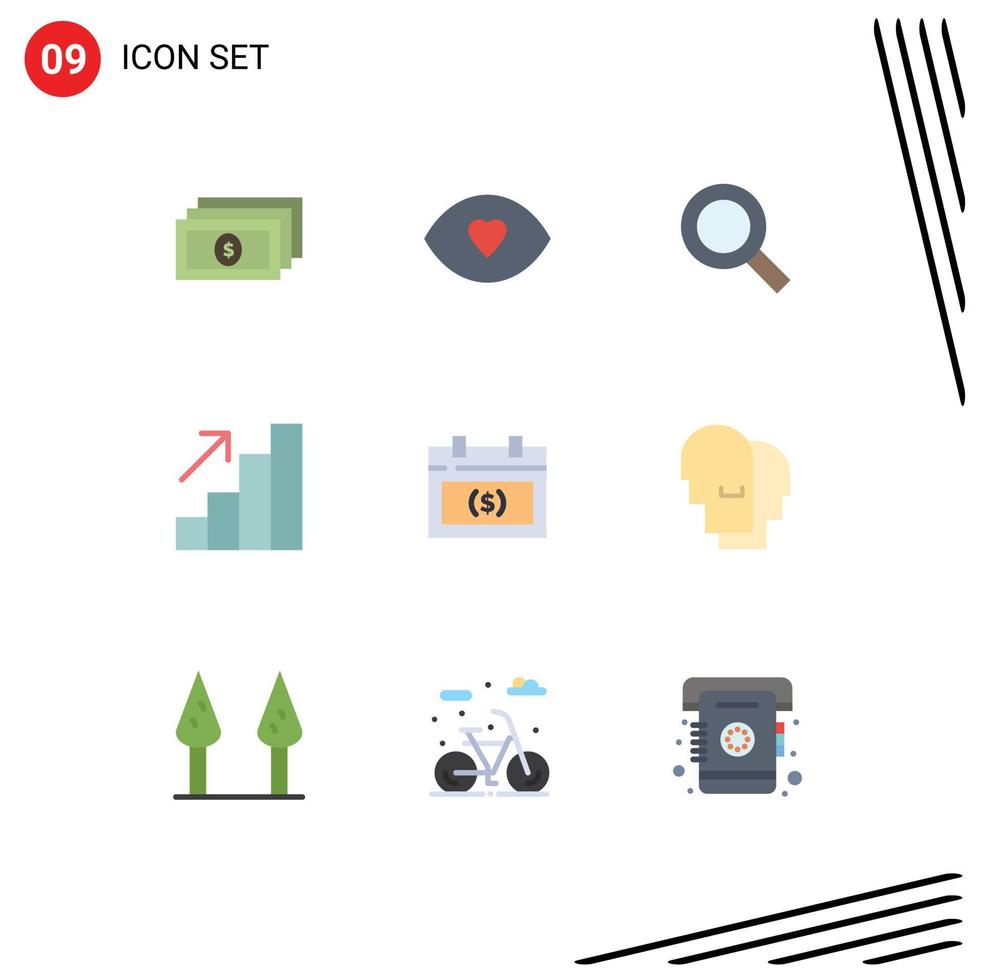 9 pacote de cores planas de interface de usuário de sinais e símbolos modernos de calendário de pesquisa de nomeação de dinheiro elementos de design de vetores editáveis de carreira