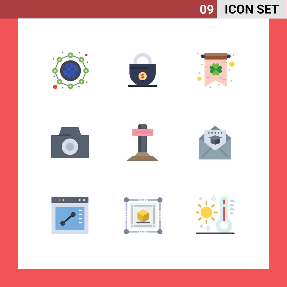 pacote de cores planas de 9 símbolos universais de cartão cruzado de tampa, elementos de design de vetor editável de câmera cristã