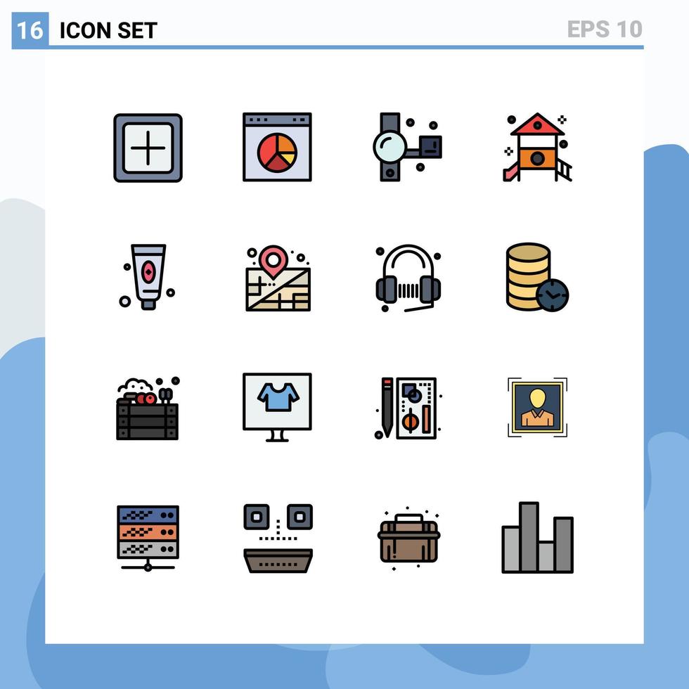 conjunto de linha preenchida de cor plana de interface móvel de 16 pictogramas de creche crianças site de gravação de infância elementos de design de vetor criativo editáveis