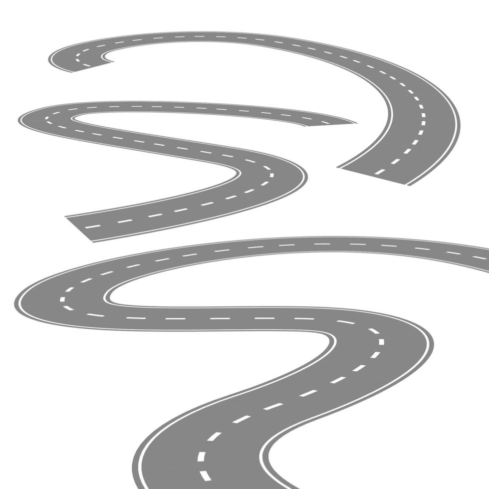 estrada sinuosa curva ou rodovia com ilustração de desenho animado central isolada em branco vetor