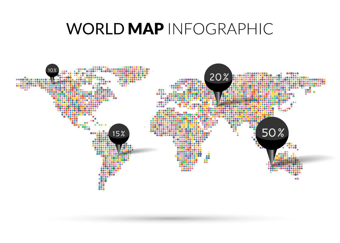 mapa-múndi infográficos de ilustração de pontos coloridos com pinos de pontos e porcentagem em fundo escuro. ilustração vetorial de pontos de meio-tom vetor