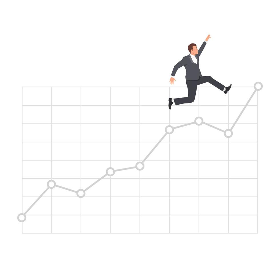 jovem empresário pulando no gráfico de ações. gráfico de crescimento e caráter de negócios. ilustração vetorial plana isolada no fundo branco vetor