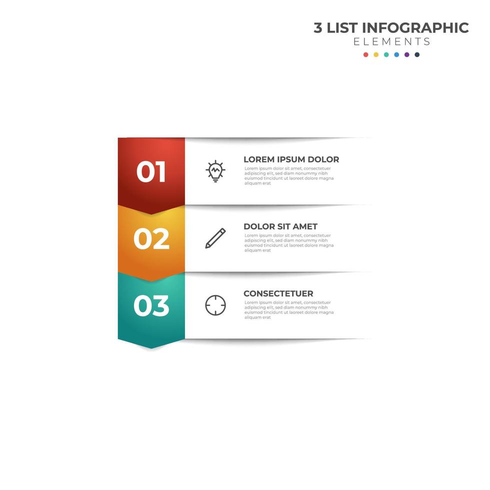 diagrama de lista com 3 pontos de etapas, vetor de modelo de elemento infográfico de negócios colorido.