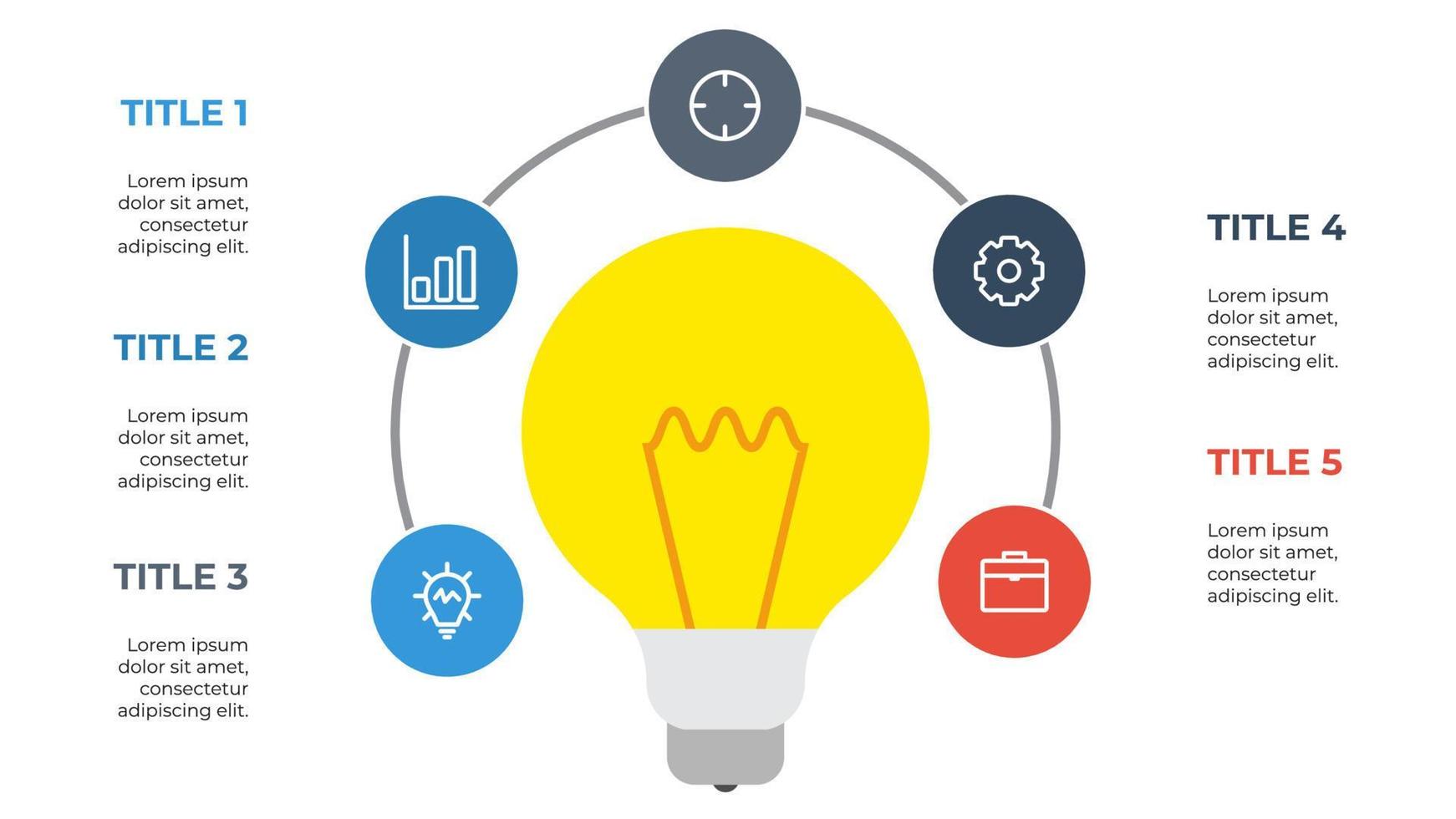 Vetor de elemento infográfico de círculo de 5 pontos com lâmpada, visualização de ideias de negócios, etapas, opções, processos, fluxo de trabalho, linha do tempo, etc.