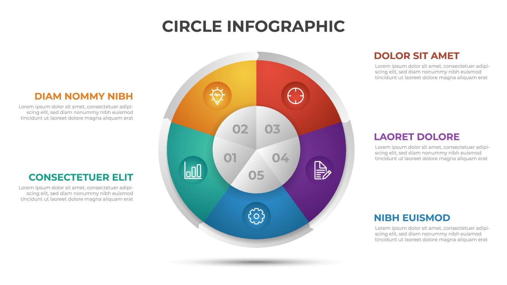 Modelo de infográfico de 5 pontos com vetor de layout de círculo.