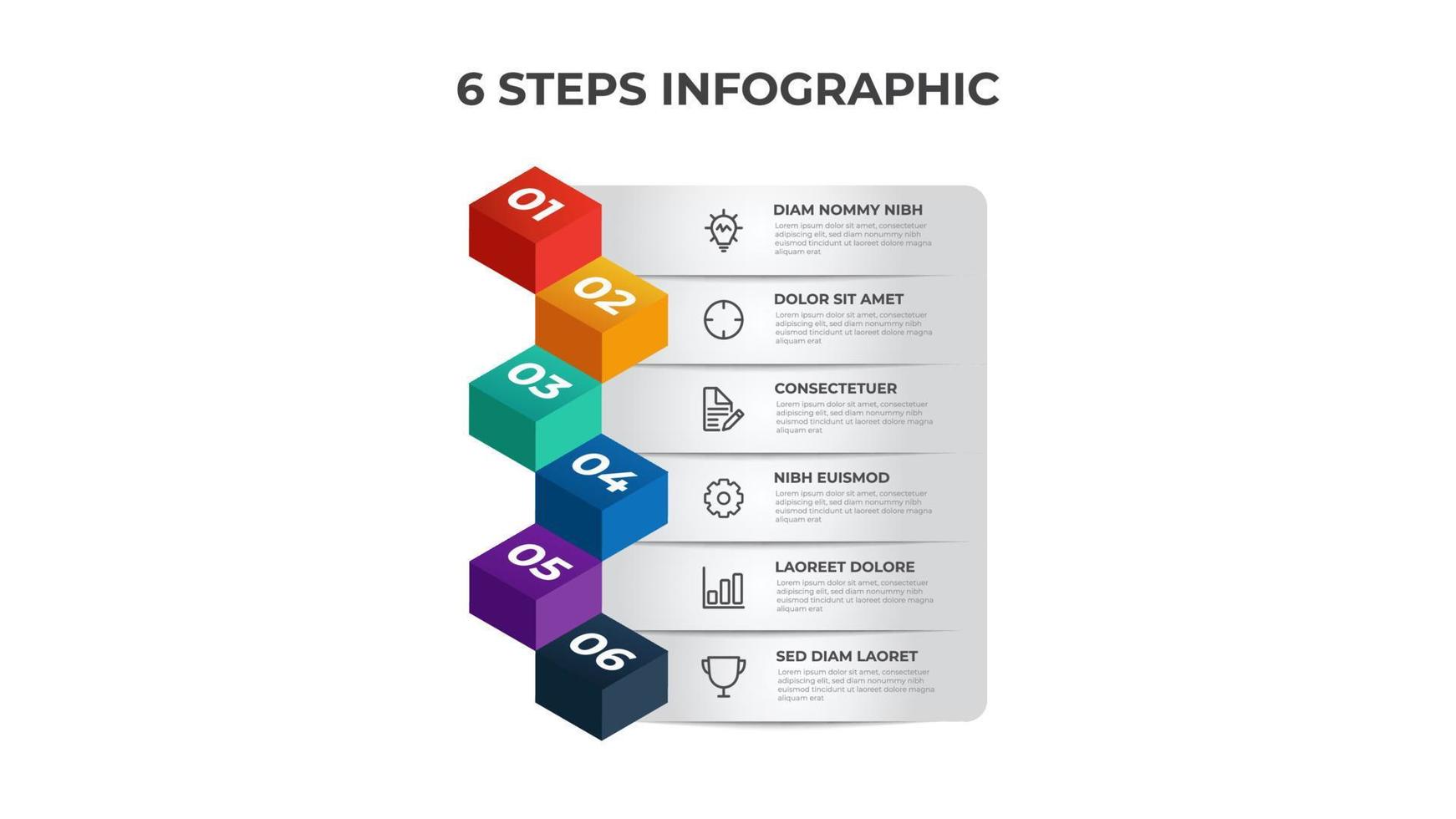 6 lista de diagrama de etapas, layout de linha com sequência numérica isométrica, vetor de modelo de elemento infográfico