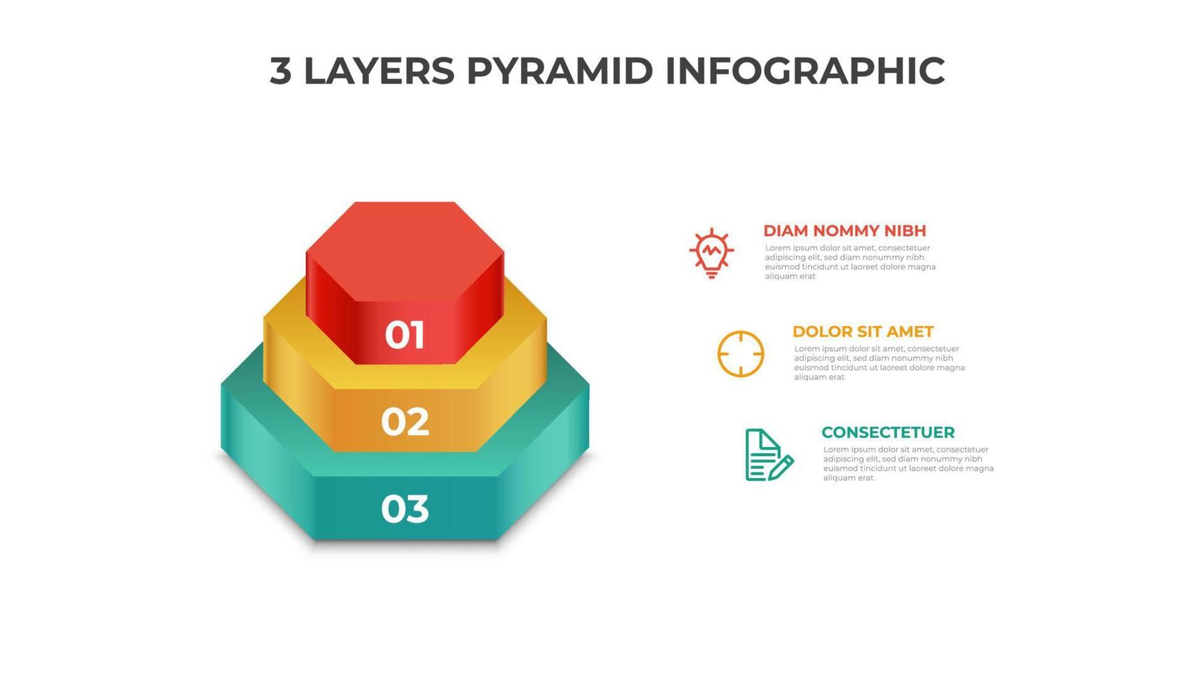 vetor de elemento infográfico pirâmide com diagrama de 3 camadas, modelo de layout para apresentação, relatório, banner, etc.