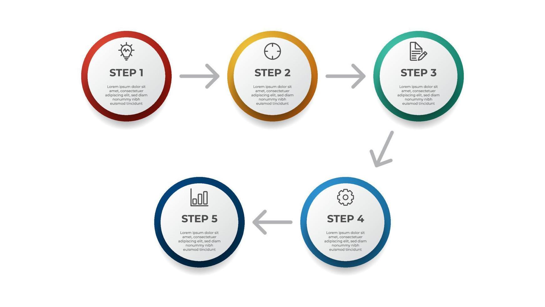 modelo de elemento infográfico de círculo de negócios com 5 pontos ou opções, diagrama de etapas com vetor de layout de setas