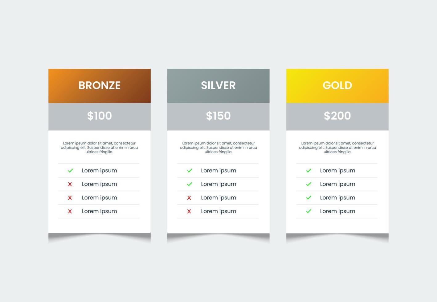 tabela com 3 colunas, design de tabela de lista de preços, modelo de tabela comparativa, para web ui, vetor de preços infográfico.