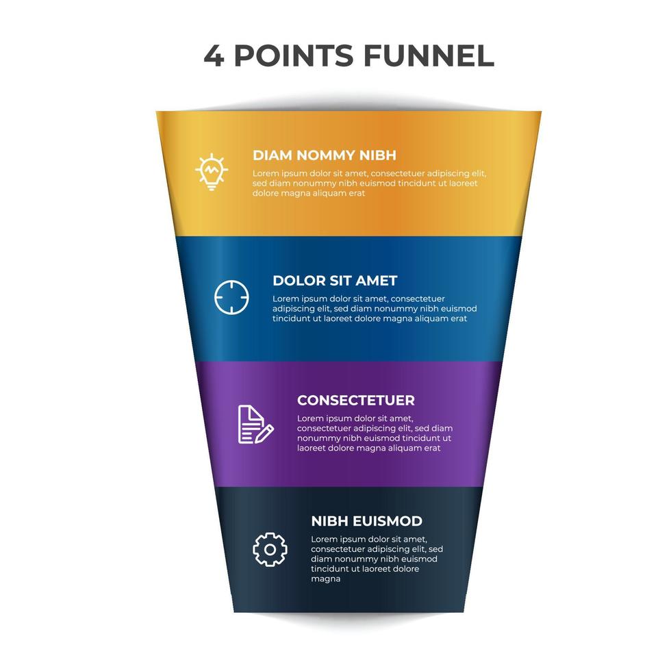 vetor de elemento infográfico de gráfico de funil com 4 pontos, opções, lista, pode ser usado para marketing digital, vendas, fluxo de processo