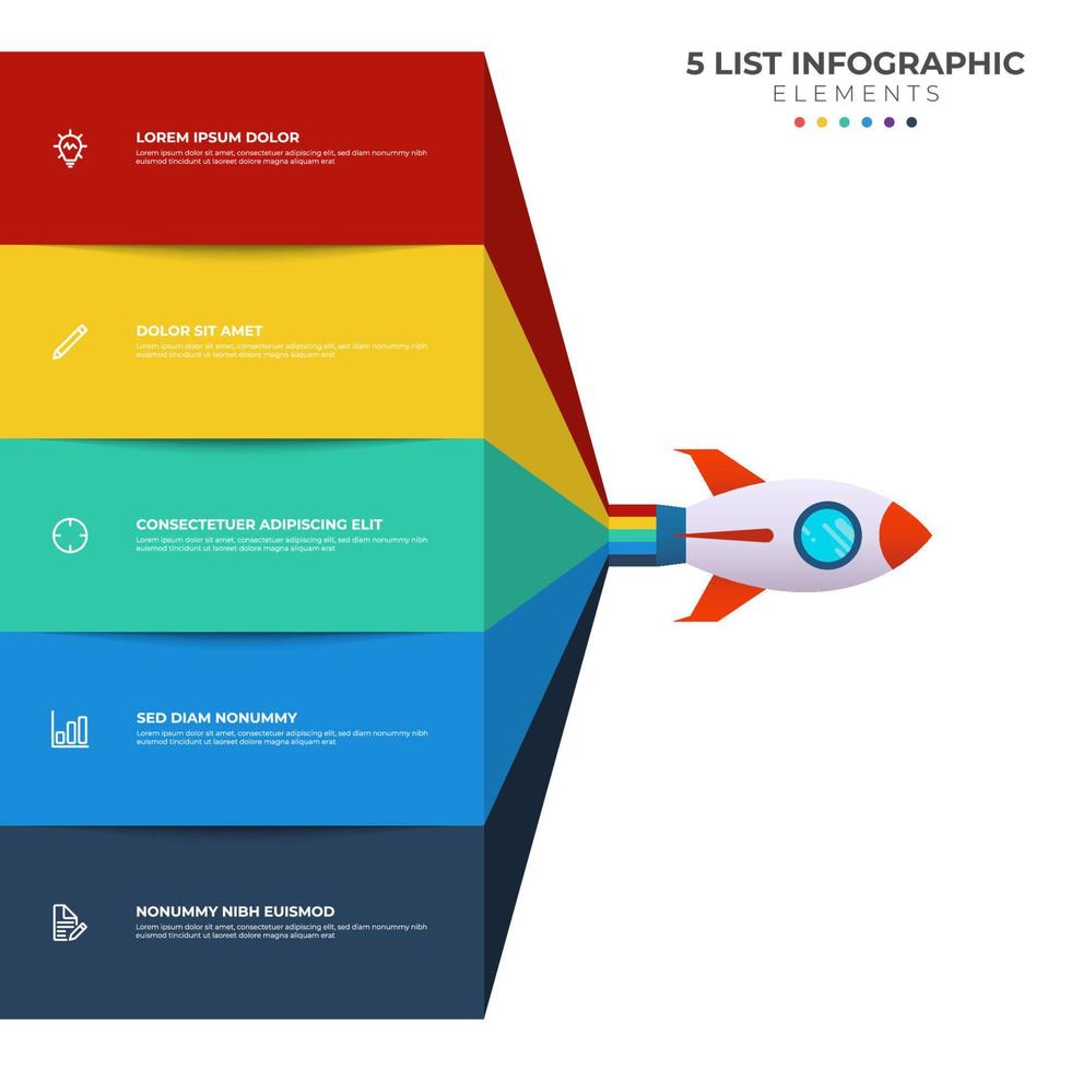 diagrama de lista com 5 pontos de etapas, sequência, inicialização de lançamento de foguete colorido, vetor de modelo de elemento infográfico.