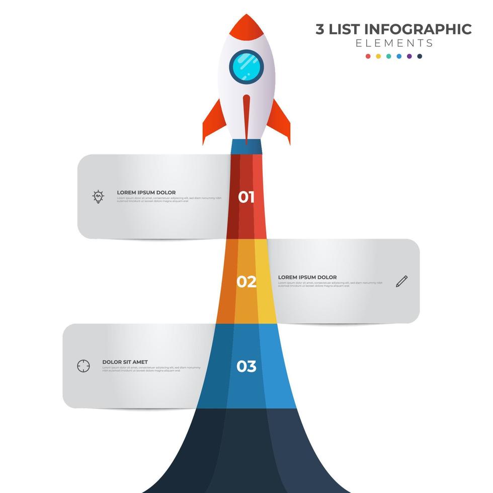 diagrama de lista com 3 pontos numéricos de passo, sequência, inicialização de lançamento de foguete colorido, vetor de modelo de elemento infográfico.