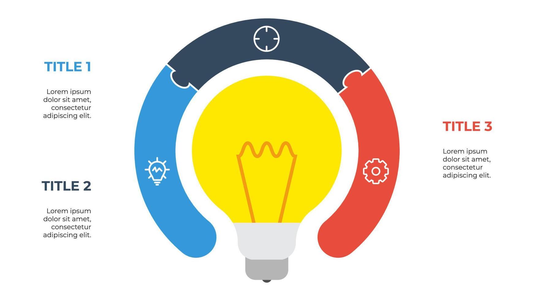 Vetor de elemento infográfico de quebra-cabeça circular de 3 pontos com lâmpada, conceito criativo para etapas, opções, processos, ideia de negócio, etc.