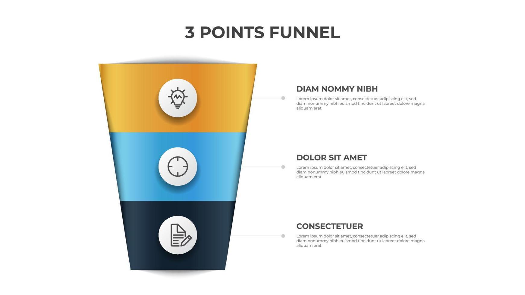 gráfico de funil com 3 pontos, vetor de modelo de elemento infográfico, pode ser usado para marketing, vendas, fluxo de processo