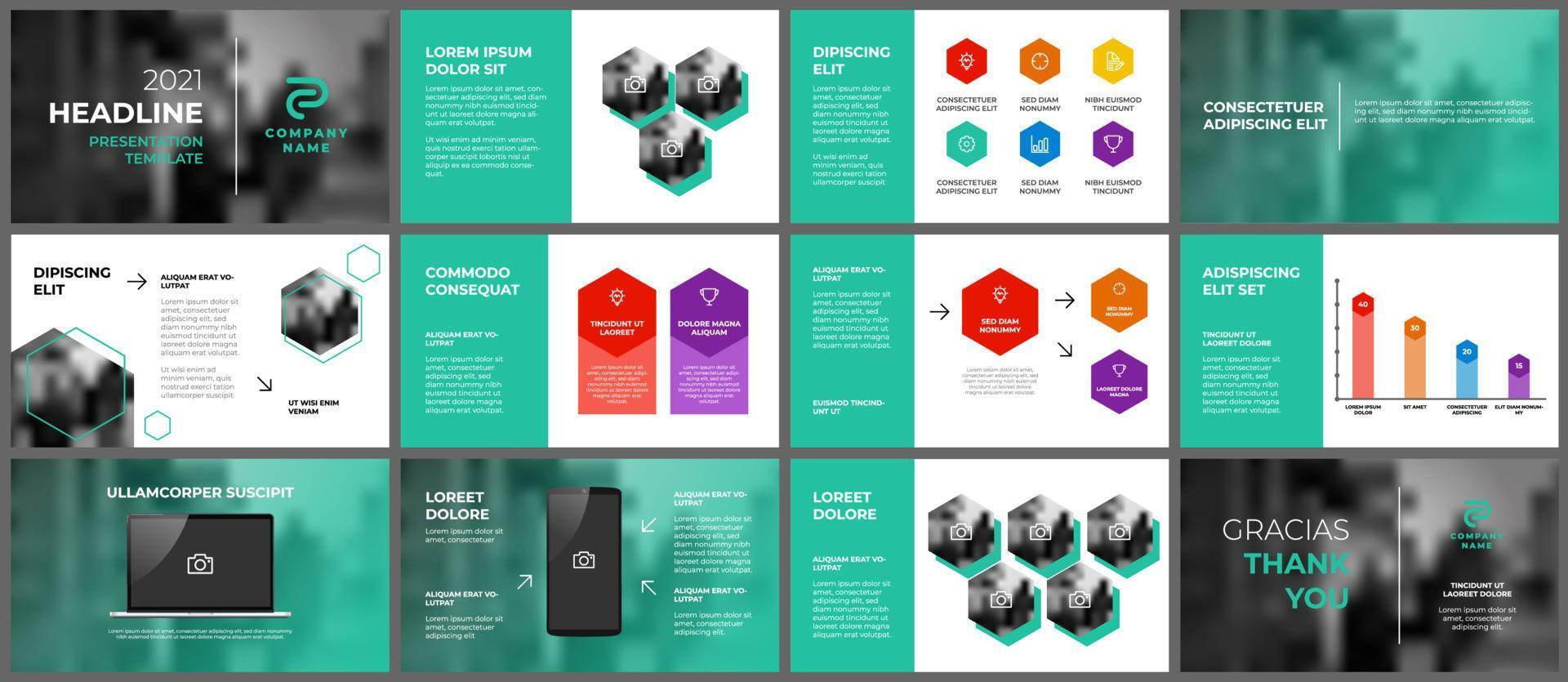 modelo de apresentação de negócios com conjunto de 12 slides, diagrama de elemento infográfico com cor verde e design hexagonal, layout multiuso para anual, corporativo, marketing, publicidade, relatório etc. vetor