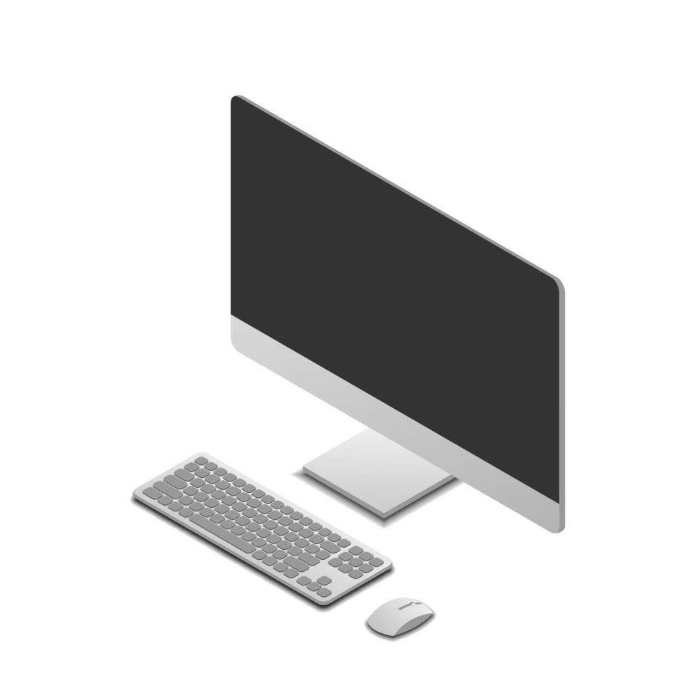 conjunto de computador, monitor, teclado e mouse isolado no fundo branco com vista isométrica, ilustração vetorial vetor