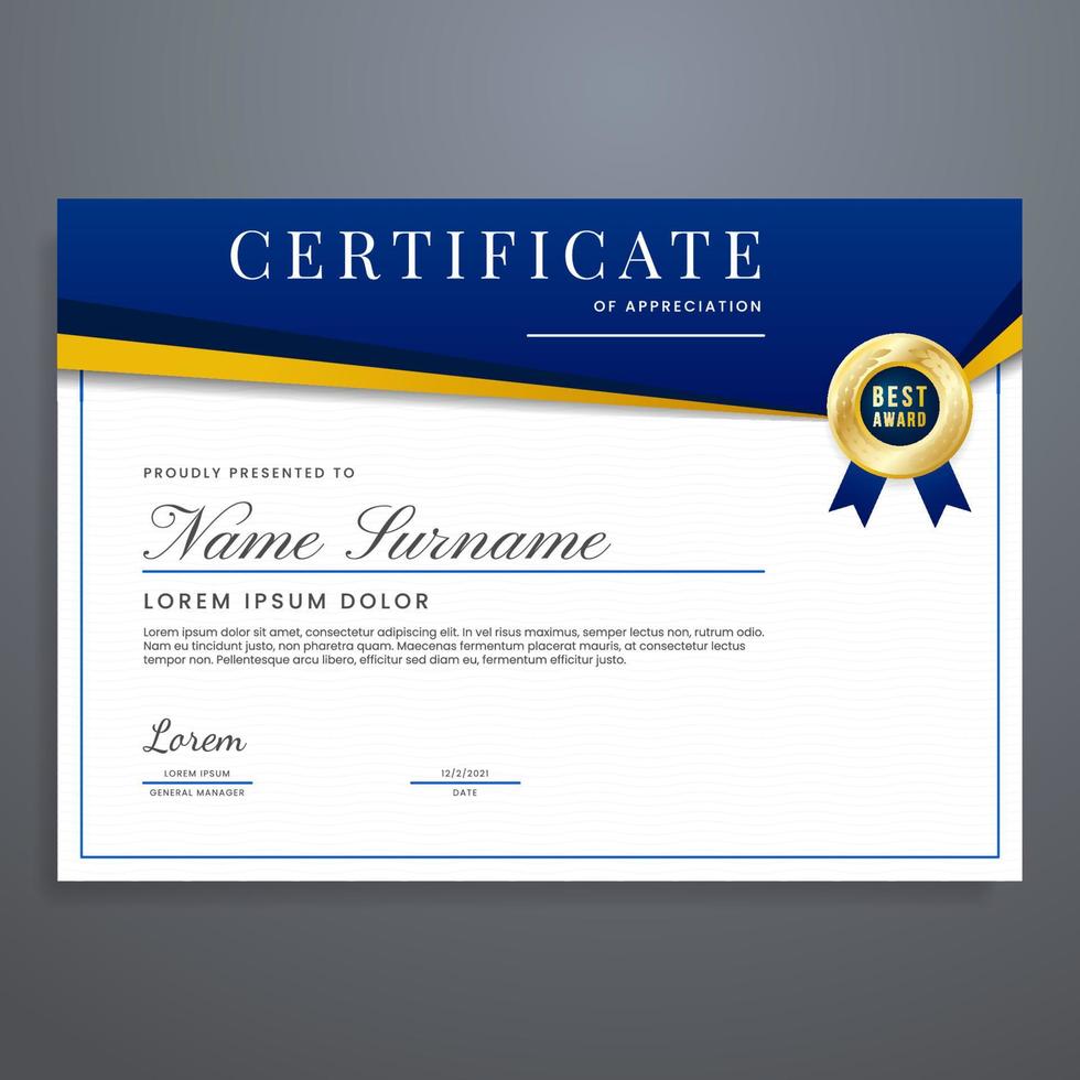 modelo de certificado multiuso, design de borda de certificado com cores azul e ouro, pode ser usado para apreciação, atendimento, evento, diploma, formatura, etc. vetor