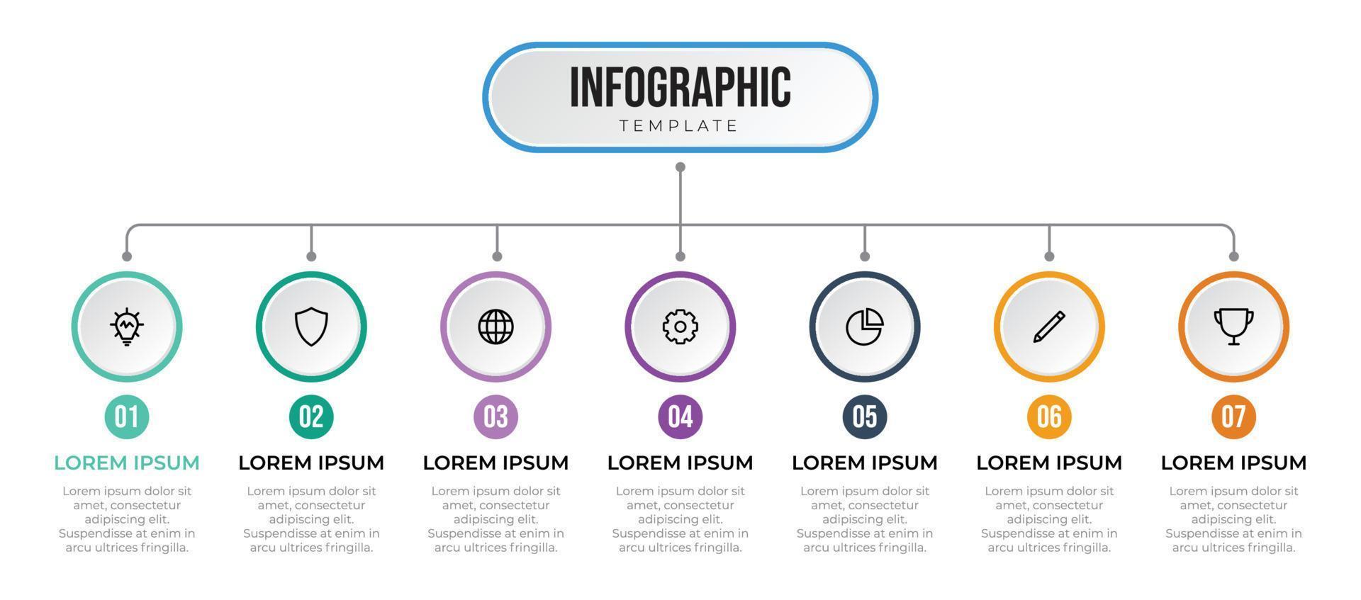 modelo de infográfico de negócios com 7 opções, lista, etapas, processos. pode ser usado para fluxo de trabalho, estrutura de tópicos, gráfico, diagrama, informações, apresentação, slide, brochura, cartaz, etc. vetor