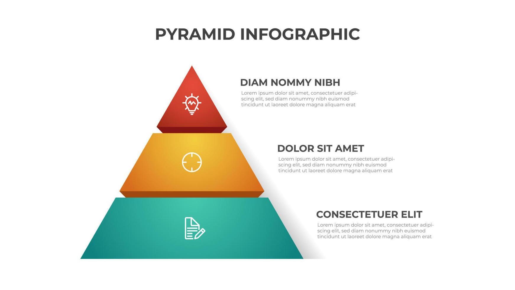 modelo de elemento infográfico de pirâmide com 3 listas e ícones, vetor de layout para apresentação, banner, brochura, folheto, relatório, etc.