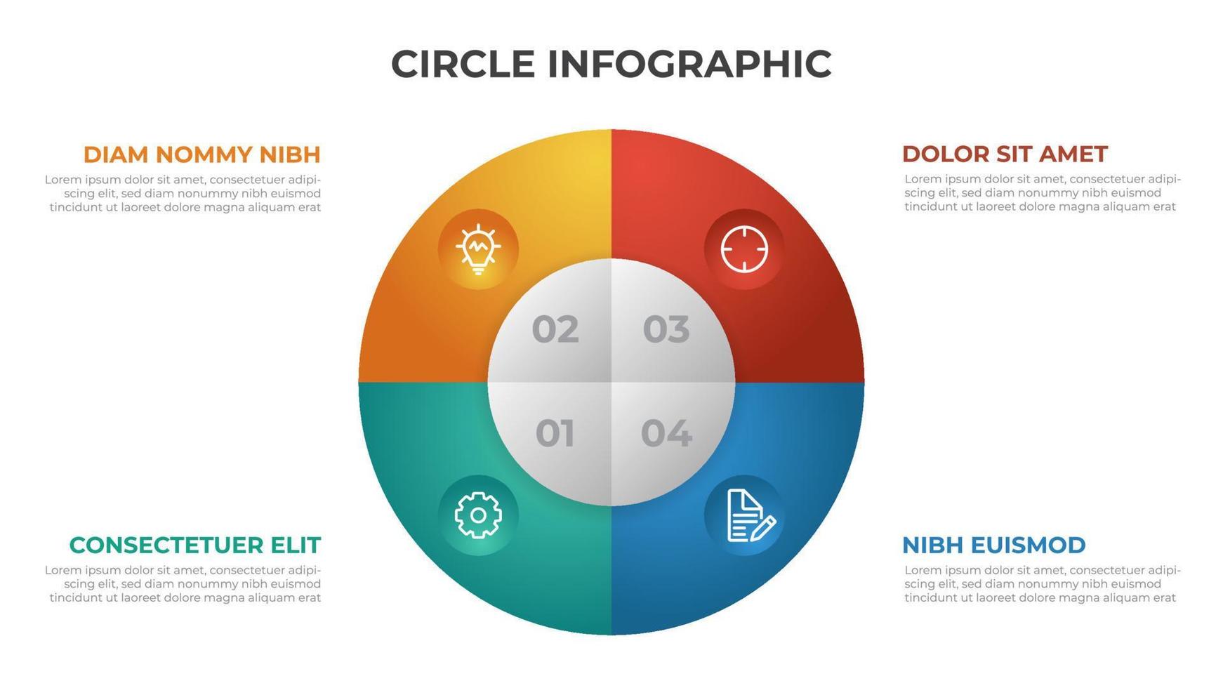 Modelo de infográfico de 4 pontos com vetor de layout de círculo.