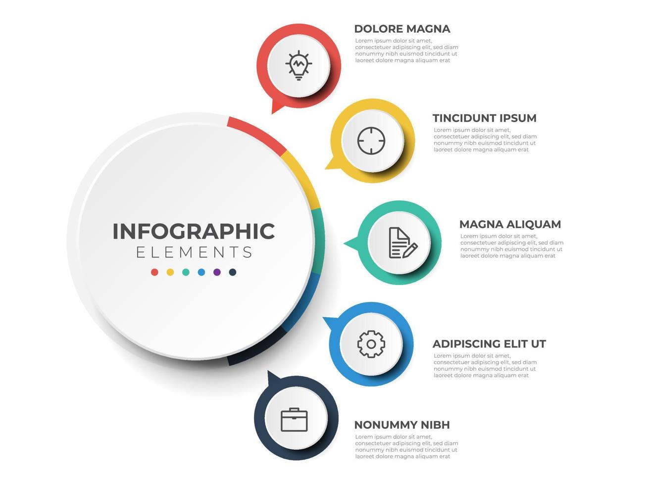 diagrama de layout circular com 5 lista de etapas, modelo de elemento infográfico de diagrama de layout circular vetor