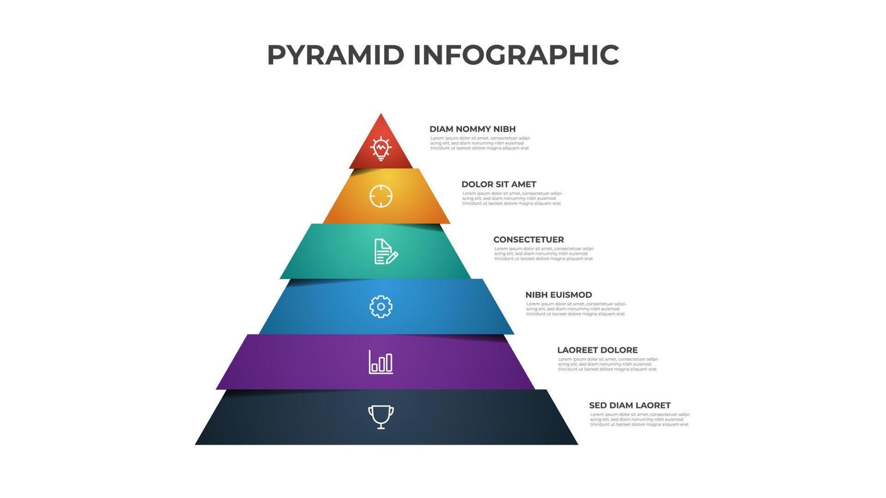 vetor de modelo infográfico de pirâmide colorida com 6 etapas, lista, diagrama de níveis. layout segmentado de triângulo para apresentação.