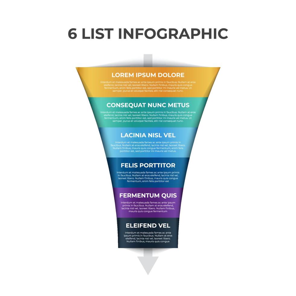 6 pontos, camadas, opções, etapa do elemento infográfico de lista com diagrama de gráfico de funil vetor