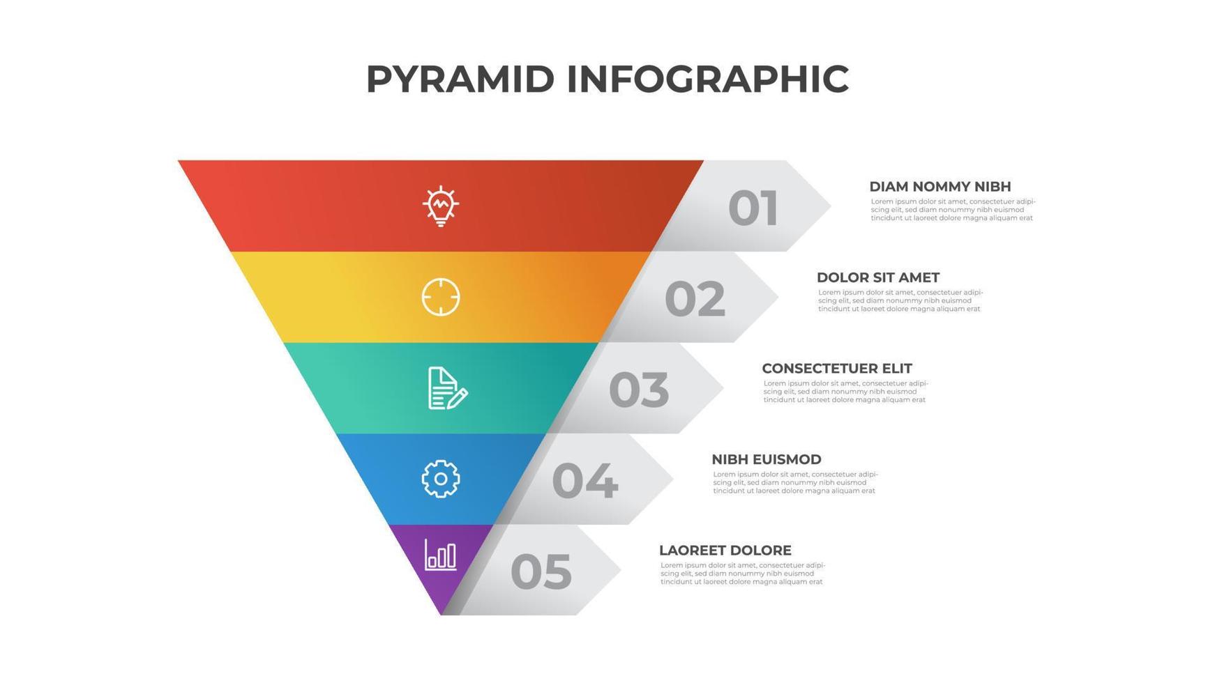 5 pontos do diagrama de lista de pirâmide, layout de nível segmentado de triângulo, vetor de modelo de elemento infográfico