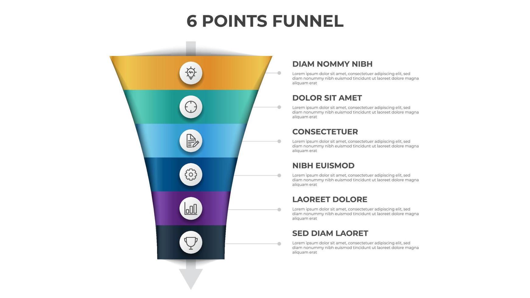 diagrama de seta de funil com 6 pontos, opções, lista, vetor de modelo de elemento infográfico, pode ser usado para vendas, marketing, fluxo de processo