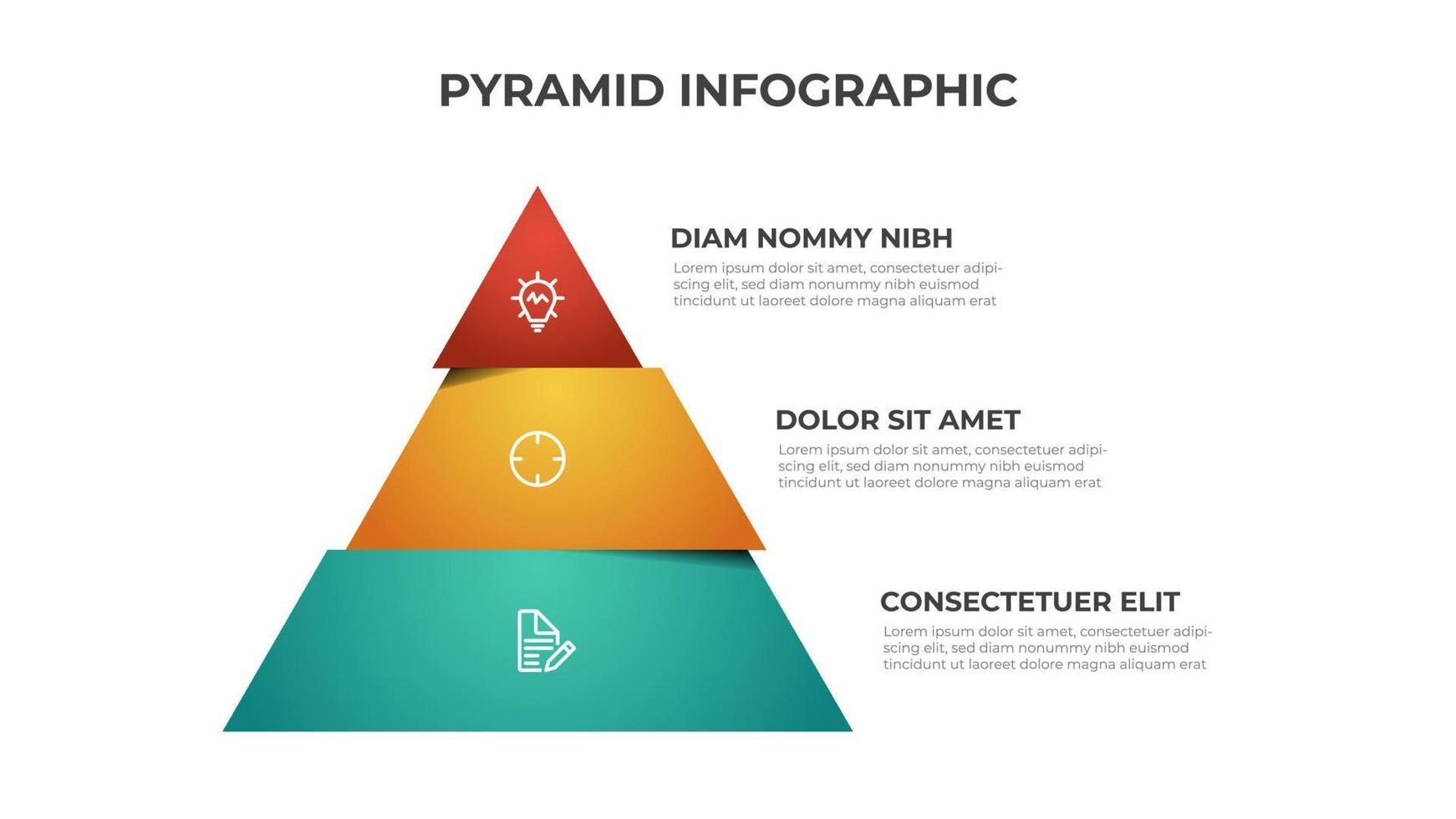 vetor de modelo infográfico de pirâmide colorida com 3 etapas, lista, diagrama de níveis. layout segmentado de triângulo para apresentação.