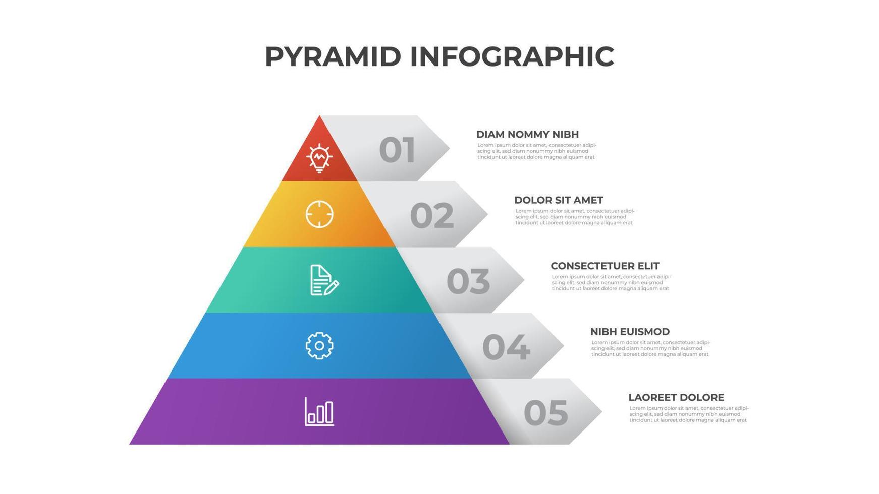 modelo de infográfico de pirâmide com 5 listas e ícones, vetor de layout para apresentação, relatório, brochura, folheto, etc.