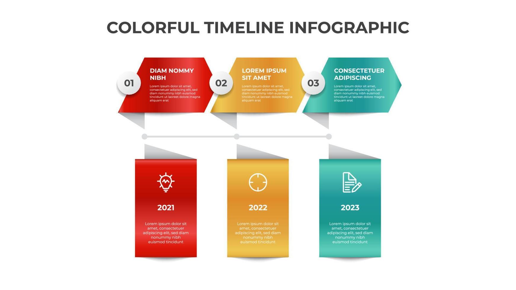 modelo de elemento infográfico, design de layout de cronograma colorido com 3 pontos, opção, lista, vetor de visualização de dados de negócios