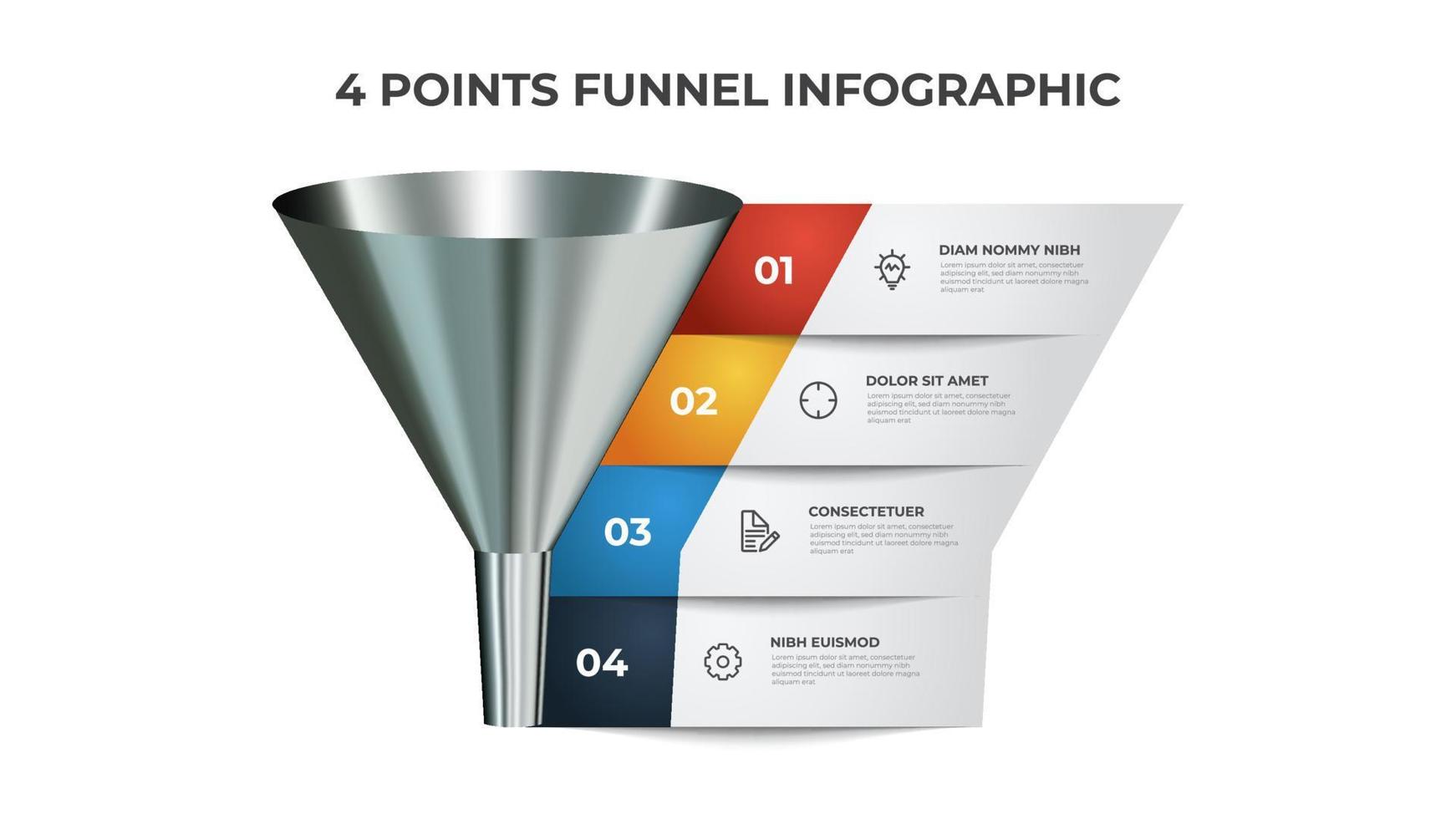 diagrama infográfico de funil, elemento gráfico com 4 pontos, lista, opções, pode ser usado para apresentação, marketing digital, vendas, etc. vetor