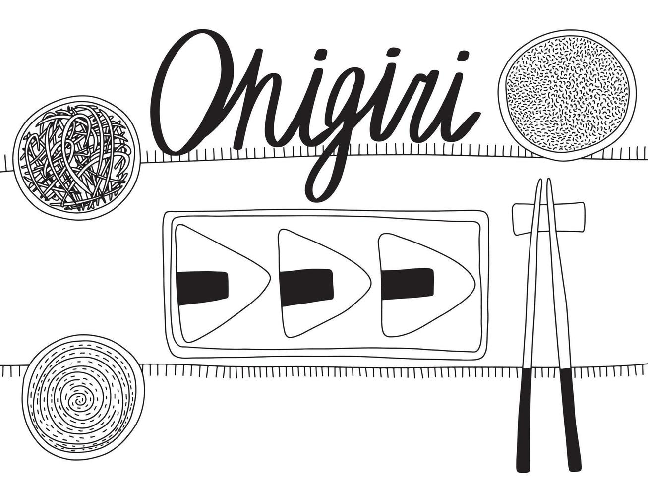 esboço de vista superior do prato onigiri vetorial. conjunto de onigiri de cozinha japonesa desenhada à mão vetor