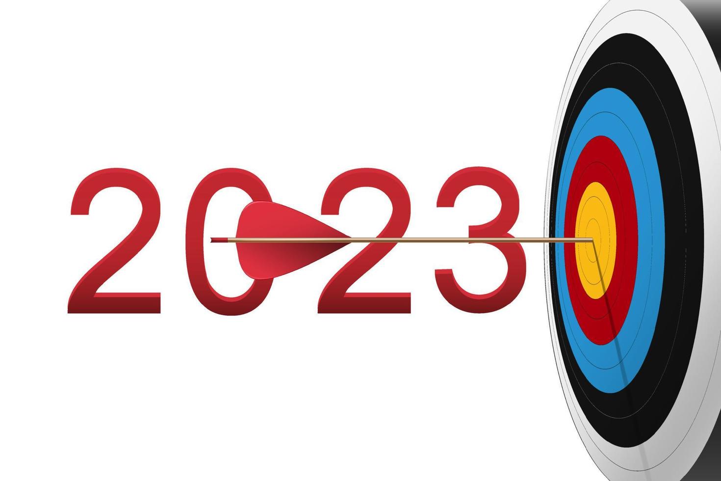 a seta vermelha atingiu o centro do alvo de dardos com o número 2023. alvo de tiro com arco e alvo. sucesso nos negócios, objetivo de investimento, desafio, estratégia de objetivo, conceito de foco de realização. vetor