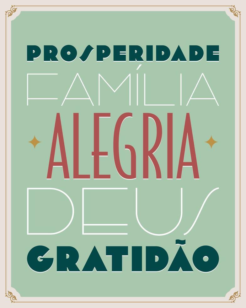 palavras motivacionais do português brasileiro em estilo art e deco. tradução - prosperidade, família, alegria, deus, gratidão. vetor