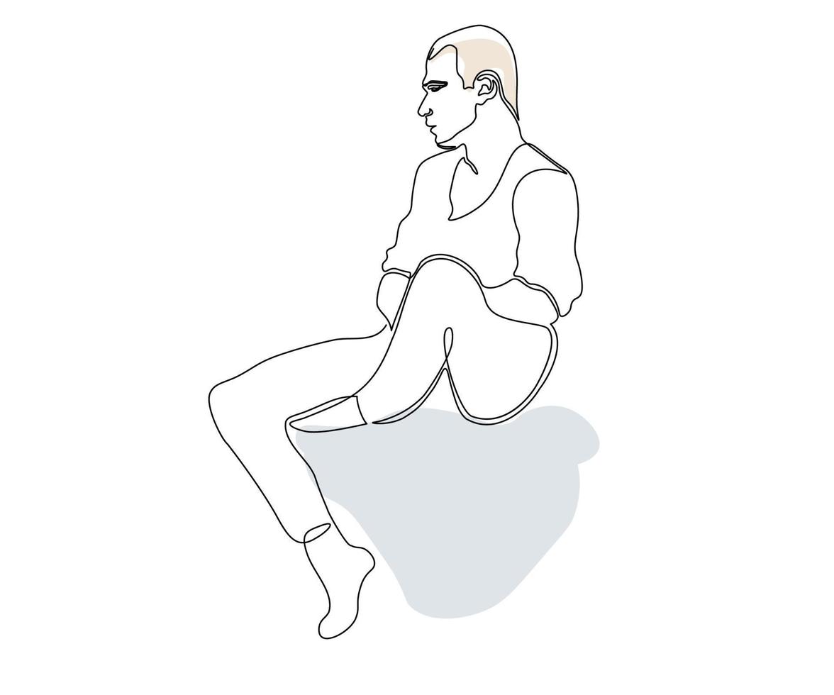 homem de corpo inteiro sentado com a perna dobrada, desenhado à mão, linha mono contínua, arte de uma linha vetor