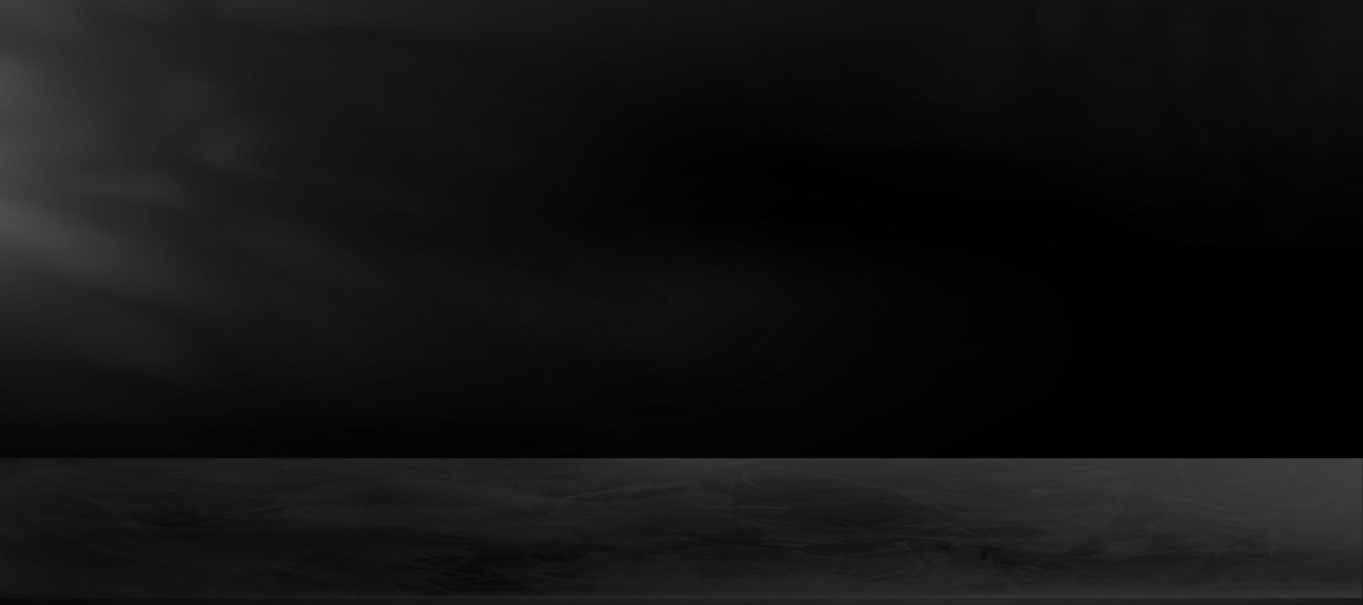 sala de exibição de cimento de parede, fundo de textura de marbele preto de estúdio 3d vetorial, pano de fundo de maquete de horizonte, sala de galeria vazia em concreto escuro com folhas de sombra e luz. design de banner panorâmico amplo vetor