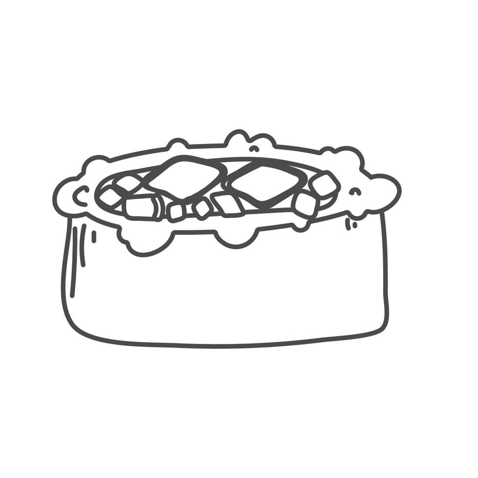 doodle sushi roll com gergelim, comida japonesa. ícone de estilo de desenho animado de rolo de sushi. sushi isolado no fundo branco. sushi de desenho vetorial. logotipo, ícone. mão desenhar rolos de sushi estilo. comida asiática vetor